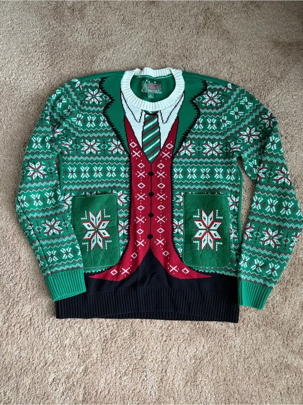 Ugly Christmas Sweater Men’s Green Red with Pockets